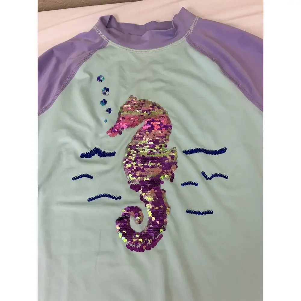 Girls Land End XL 14-16 Rashguard Long Sleeve Swimwear Seahorse Ocean Theme